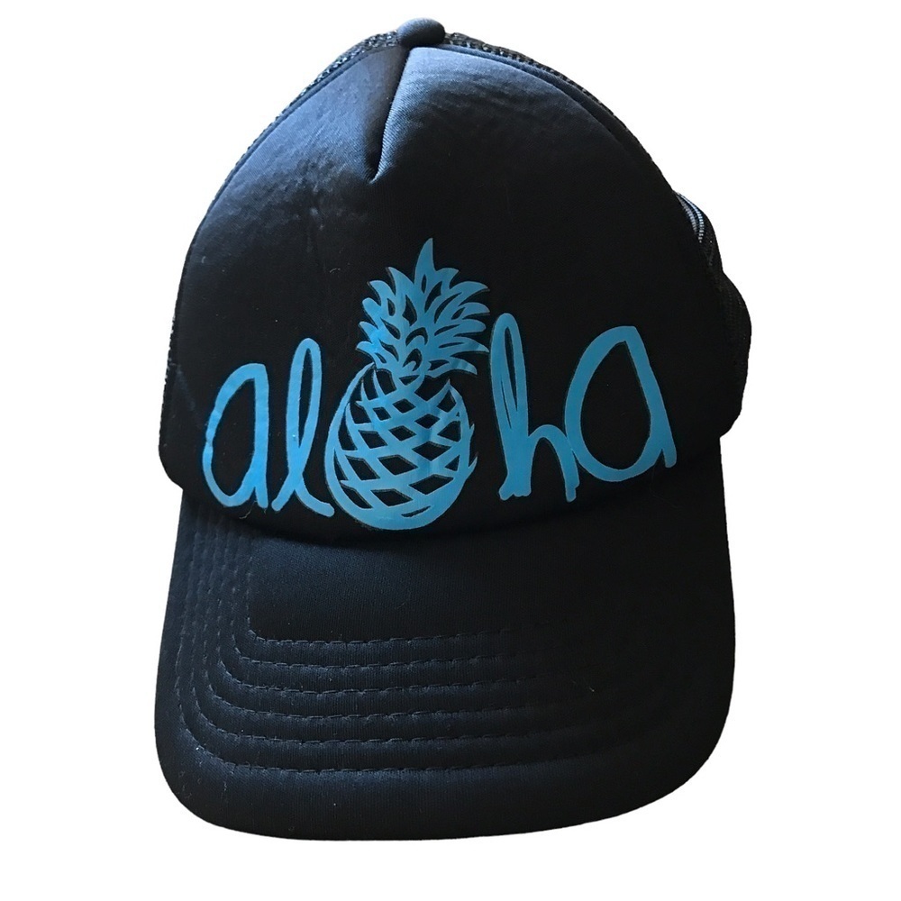 3/$15 Hawaiian headwear black and blue “aloha” pineapple print trucker hat